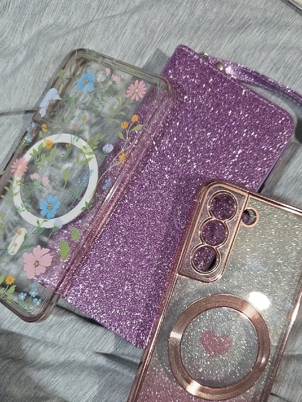 Pink Glitter, Purple Wallet & Floral Phone Case Bundle